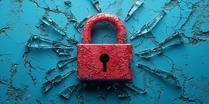 Red padlock surrounded by broken glass on blue surface Generative AI - Powered by Adobe