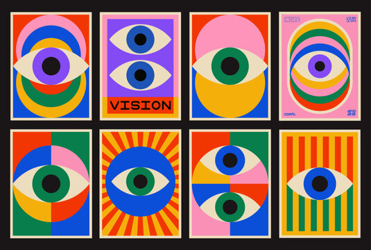 Cool Abstract Geometric Eye Poster. Pop Art Retro Vision Placard. Playful Pattern.