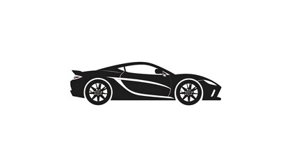 Sleek black coupe, side view, streamlined silhouette, dynamic design, wheels turning. Isolated on white background, minimalist aesthetic