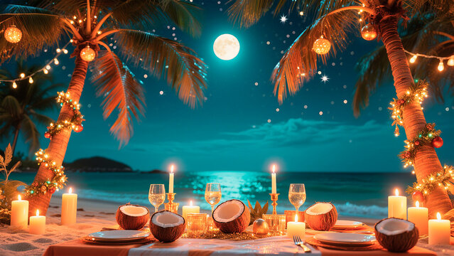 Christmas on the beach. Romantic beach dinner setting under moonlight, surrounded by palm trees and candles, creating a serene atmosphere for a memorable evening experience