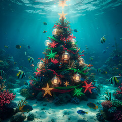 Fototapeta premium Christmas on the beach. Underwater Christmas tree adorned with colorful decorations and glowing lights, surrounded by vibrant coral reefs and diverse marine life in a serene ocean environment