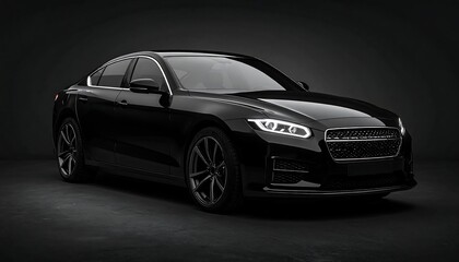 Sleek black sedan, angled view, against dark background, highlighting its smooth lines and modern design