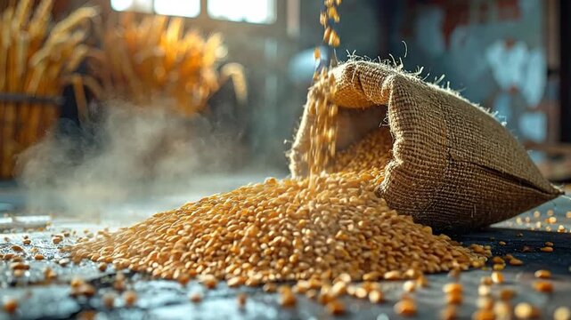 Golden grains spill from a burlap sack, symbolizing abundance and harvest in a rustic setting