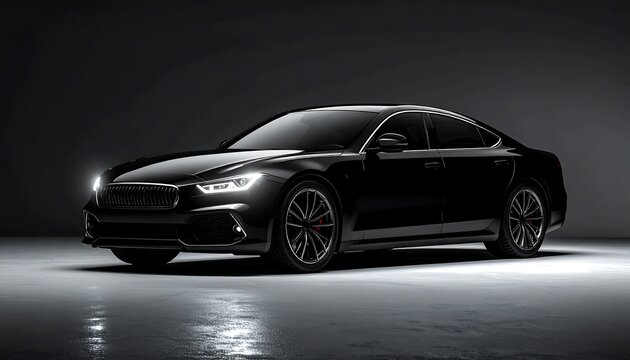 Sleek black sedan gleaming under studio lights, emphasizing its curves and refined design against a dark, glossy background