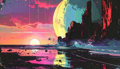 Seascape with a massive planet looming over water, rocks, and a setting sun under colorful clouds