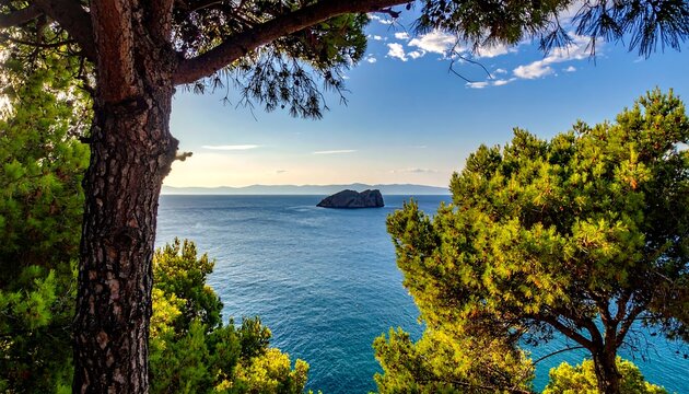 Seascape view through trees, with a small island in a blue, rippled ocean under a partly cloudy sky