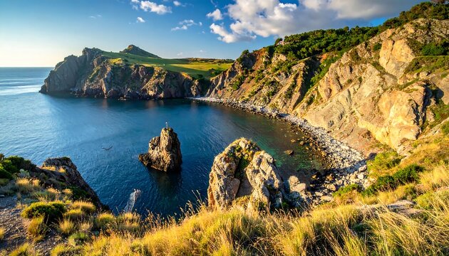 Scenic view of a rocky coastline with green hills and blue sea under a partially cloudy sky