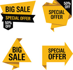 Modern Origami Sale Banner Set – Big Sale and Special Offer Vector Labels with 50% Off Tags for Advertising and Marketing Promotions