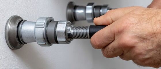 A person is fixing a water heater at home, carefully using a wrench to secure connections and ensure proper function of the unit