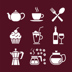 Coffee and Food Vector Icons – Cafe and Restaurant Elements Including Teapot, Cup, Cupcake, Wine, Coffee Pot, and Drink Symbols