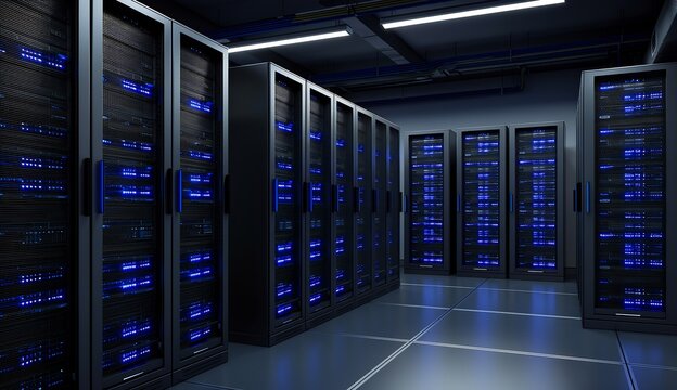 Modern Data Center Server Room with Blue LED Lights