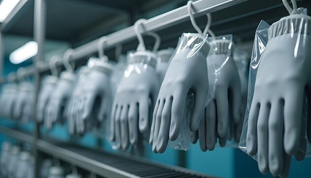 Rows of sterile medical gloves hanging in a clean storage area, ready for use in healthcare settings to ensure hygiene and safety