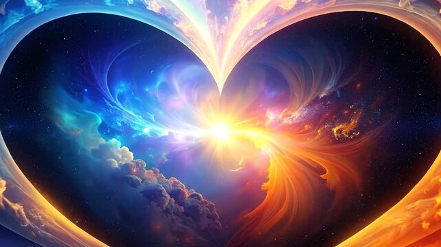 Vibrant cosmic heart nebula shape illustrating celestial duality and radiant universal love, a dynamic fusion of warm and cool energetic light representing unity and profound connection