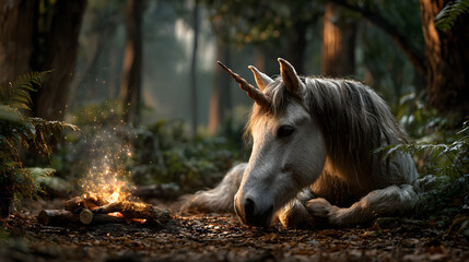 Unicorn Sitting Beside a Campfire in an Enchanted Forest – Peaceful Fantasy Illustration