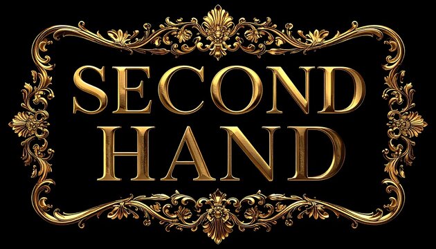 Second Hand" text within an ornate, golden frame, set against a stark black background