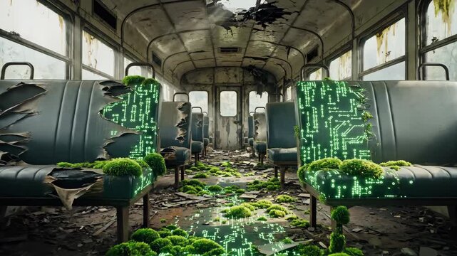 Explore an old train filled with decay, where nature meets technology. The seats are adorned with moss, and glowing patterns bring life to the forgotten space, creating a stunning contrast.