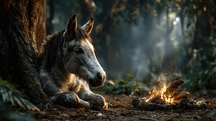 Unicorn Sitting Beside a Campfire in an Enchanted Forest – Peaceful Fantasy Illustration