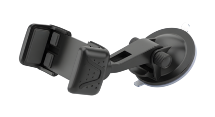 Black car phone mount with suction cup holder, isolated on transparent background