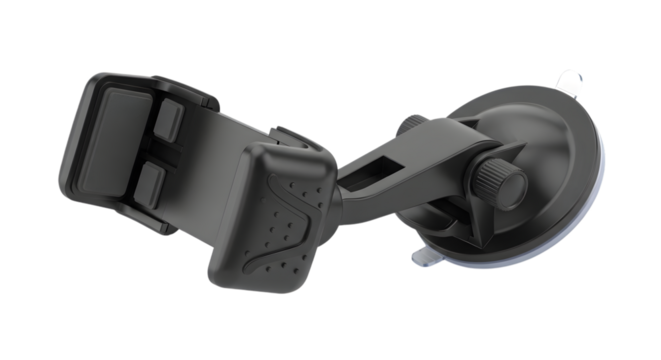 Black car phone mount with suction cup holder, isolated on transparent background - Powered by Adobe