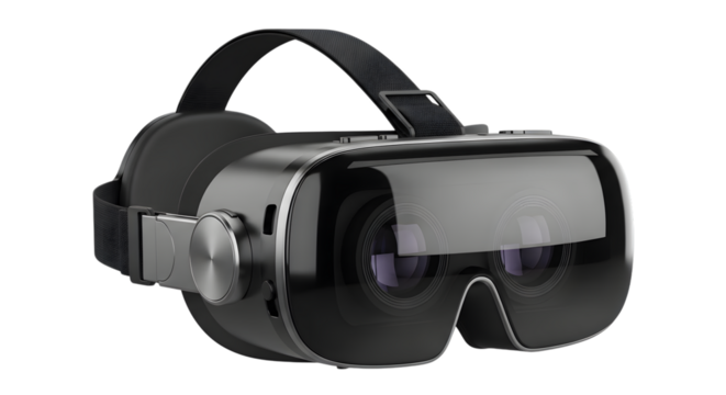 Hightech virtual reality headset with adjustable strap for immersive gaming isolated on transparent background