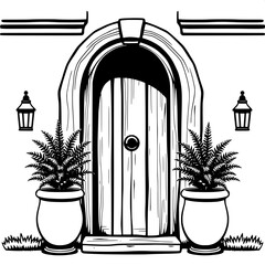 Rustic Cottage Door

A stylized monochrome illustration of a rustic wooden cottage door with visible plank texture, a black knob, and two hanging lanterns. Flanked by potted ferns in round planters, s
