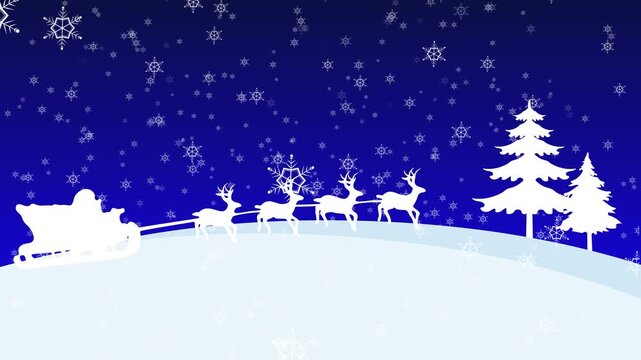 Merry Christmas Santa Claus Winter Landscape with Pine Trees and Falling Snowflakes. Reindeer Sleigh on Blue Background with Copy Space.