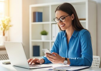 Young businesswoman wearing glasses, smiling while working on a laptop and holding a smartphone in a modern office