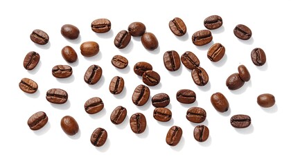 Obraz premium Scattered, roasted brown coffee beans on a white background, creating a simple, clean and minimalist composition