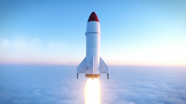 Rocket launches above cloud at sunrise. Shuttle ascends through bright sky with blazing engine flame. Spacecraft climbs over soft cloud layer toward orbit. Powerful thrust highlights launch. Epic