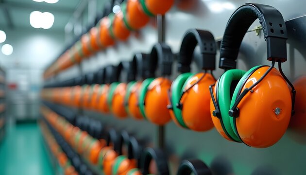 A row of safety earmuffs hangs neatly, providing hearing protection in a noisy environment, ensuring worker safety and compliance with workplace regulations