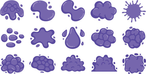 Fototapeta premium Collection of fifteen purple cartoon splatters and blobs on white background on transparent background