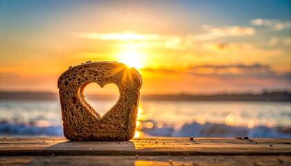 Slice of bread with heart cut out, backlit by a sunset over water, sitting on wood