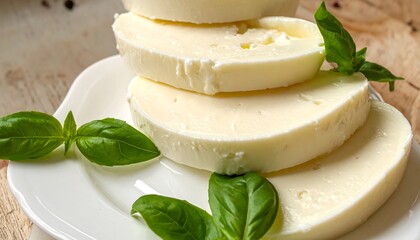 Sliced cheese on a white plate, garnished with fresh basil leaves, against a rustic wooden background
