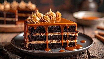 Sliced chocolate cake with layers and caramel drizzle sits on a plate, showcasing indulgent dessert decadence