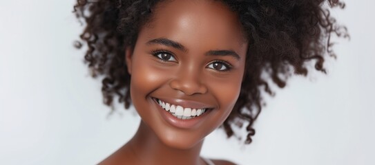 Charming young woman with natural curly hair smiling joyfully in a bright studio, representing confidence, self-love, and modern beauty.