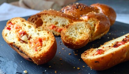 Sliced, filled breads on dark slate, speckled with crumbs, with a blurred fabric background
