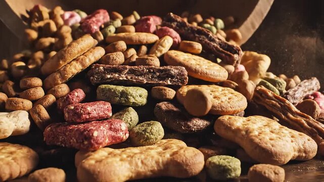 A closeup view of a variety of colorful and textured pet treats including biscuits kibble and chews spilling from a wooden bowl onto a dark surface highlighting the diverse shapes and ingredients of .