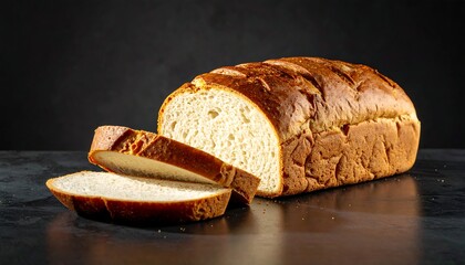 Sliced loaf with crusty brown exterior and soft white interior sits on dark surface against a dark background
