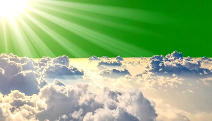 Sky scene with bright sun rays shining over fluffy white clouds and a green-colored horizon