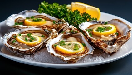 Fresh oysters on the half shell, garnished with lemon slices and chives, served on ice