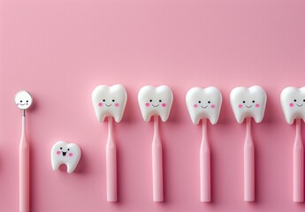 Playful dental concept with smiling cartoon teeth and pink toothbrushes arranged neatly on a pastel pink background, symbolizing oral care, hygiene, and dental health in a fun, minimalistic style.