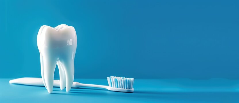 White tooth model standing beside a toothbrush on a blue background, symbolizing dental care, hygiene, and oral health.