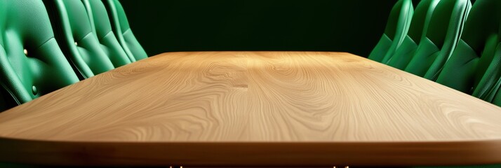 Elegant light wood table sits between two plush green chairs, perfect for a modern office or dining room