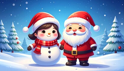 Santa and a snowman-girl holding hands amid snowy pines, bright and cheerful winter scene with falling snowflakes
