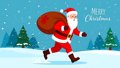 Naklejka premium Santa carrying a sack, running over snowy hills with Christmas trees, snowflakes and 'Merry Christmas' text above