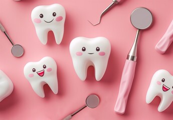 Charming illustration with happy tooth characters and dentist instruments, representing oral hygiene, dental health, and professional dental services.