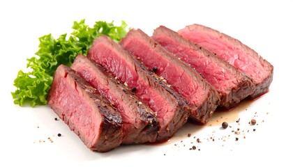 Fototapeta premium Sliced rare beef, glistening and juicy, rests next to leafy lettuce, seasoned lightly on white. Yummy!