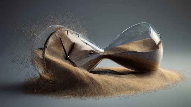 Timeless Hourglass: A modern artistic interpretation captures time's ephemeral nature, as grains of sand cascade through a tilted hourglass, set against a simple backdrop.