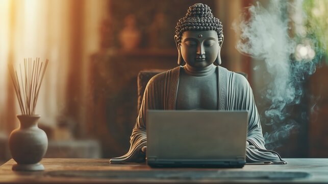 A Buddha statue meditating in front of a laptop in the smoke of incense, the fusion of technology and spirituality