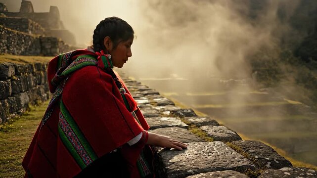 Woman touching stone ruin on mountain mist. Profile view shows woman in textile. Image evokes culture heritage travel tourism exploration. Quiet scene of connection with ancient stone. Calm morning.